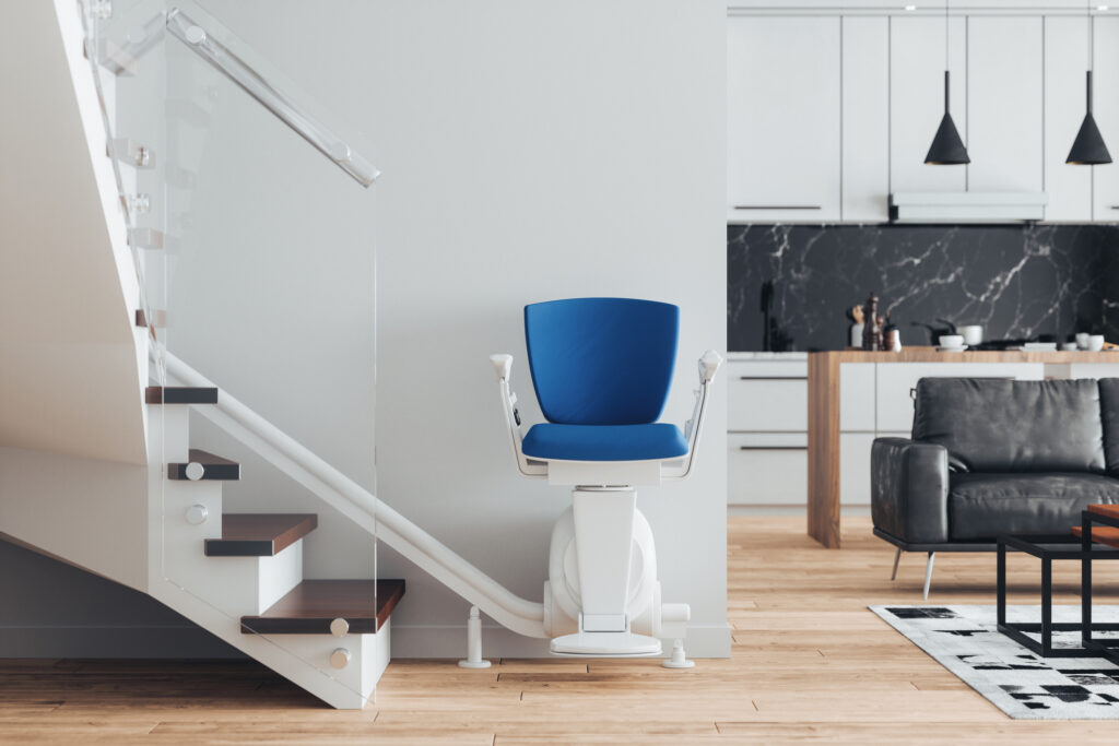 Automatic stair lift on staircase in a modern luxury home